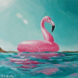 "Happy Flamingo" Original Oil Painting on Wood by Robin White 10 x 10 x 1.5"